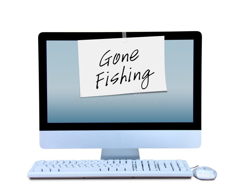 A hand written Gone Fishing sign is taped to a computer monitor showing that the business man or business woman worker is out on vacation or gone for the day and not working. A hand written Gone Fishing sign is taped to a computer monitor showing that the business man or business woman worker is out on vacation or gone for the day and not working.