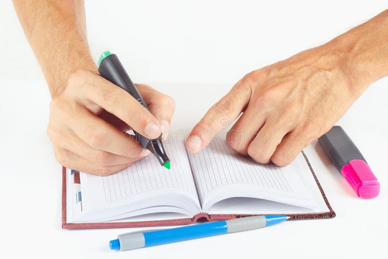 Hand written notes in green marker a notepad on a white background. Hand written notes in green marker a notepad on a white background