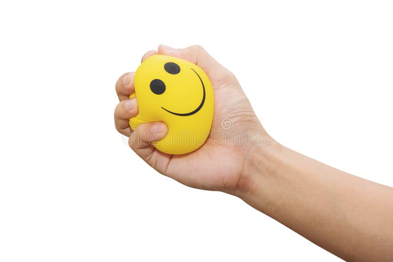 Hand squeeze yellow stress ball, isolated on white background, anger management, positive thinking concept. Hand squeeze yellow stress ball, isolated on white background, anger management, positive thinking concept