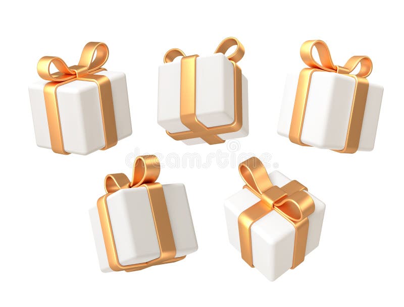 Set of Realistic 3d Render Gift Boxes. White Gift Box with Golden Bow