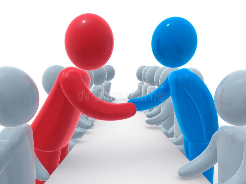 Two sides sitting behind negotiation table. Red and blue person shaking hands. Concept of business or political agreement or meeting of two sides. Two sides sitting behind negotiation table. Red and blue person shaking hands. Concept of business or political agreement or meeting of two sides.