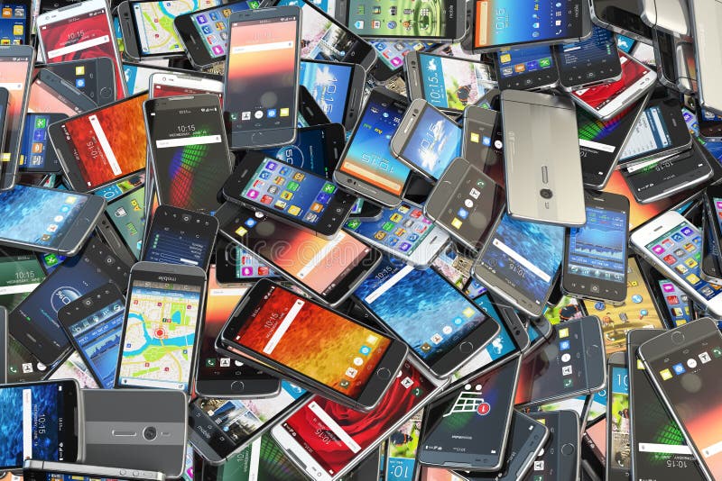 Выберите мобильный телефон Куча различных smartphones с diff иллюстрация штока