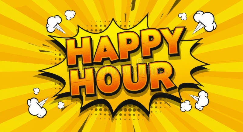вывеска happy hour в ярком жёлтом комическом стиле для баров и вечеринок бесплатная иллюстрация