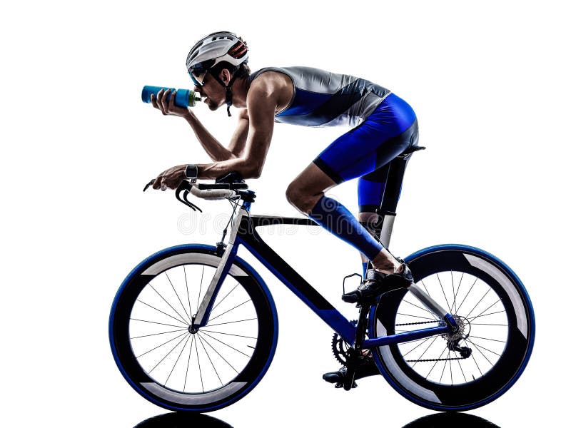 Man triathlon iron man athlete biker cyclist bicycling biking drinking in silhouette on white background. Man triathlon iron man athlete biker cyclist bicycling biking drinking in silhouette on white background