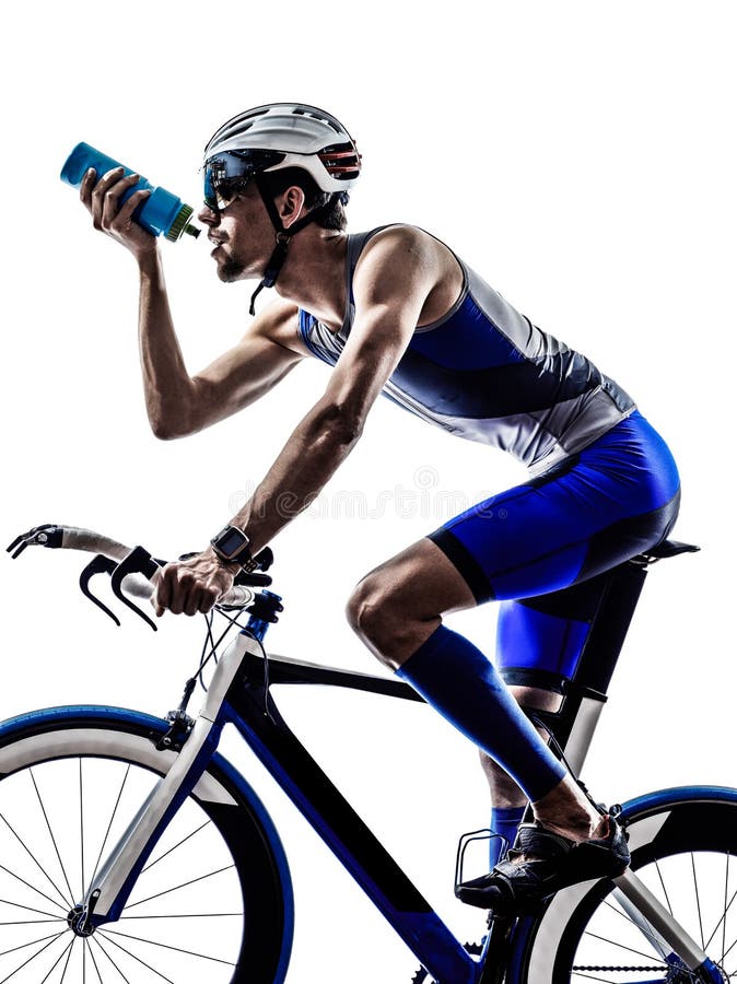 Man triathlon iron man athlete biker cyclist bicycling biking drinking in silhouette on white background. Man triathlon iron man athlete biker cyclist bicycling biking drinking in silhouette on white background