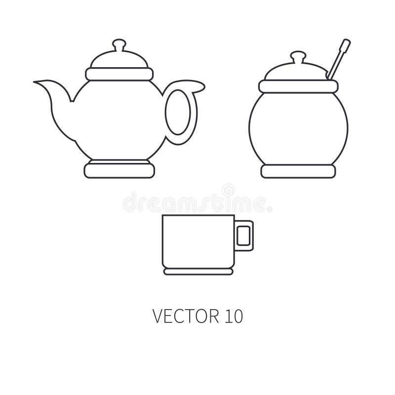 Выровняйте плоские значки kitchenware вектора - чайник, сахар-шар, чашку Инструменты столового прибора Тип шаржа Иллюстрация и эл иллюстрация штока Выровняйте плоские значки kitchenware вектора - чайник, сахар-шар, чашку Инструменты столового прибора Тип шаржа Иллюстрация и эл иллюстрация штока
