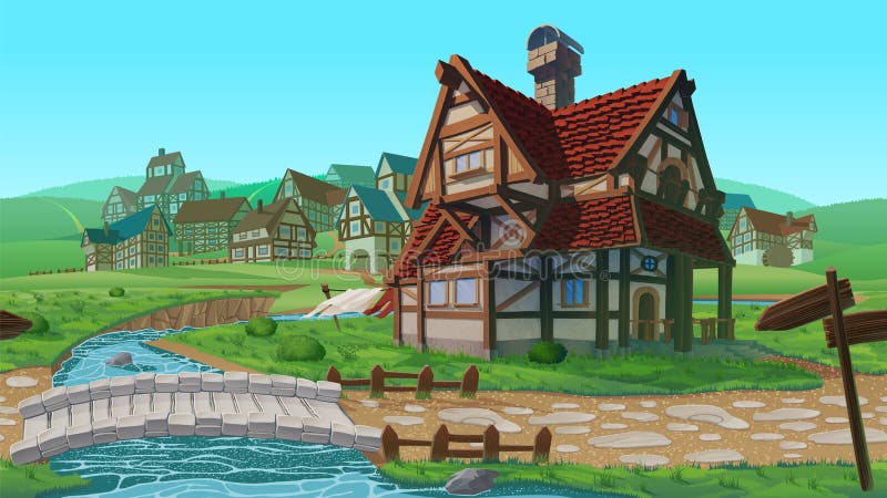 A high quality horizontal seamless background - village. Old European village. Summer background with buildings use for infographics and side-scroller games. A high quality horizontal seamless background - village. Old European village. Summer background with buildings use for infographics and side-scroller games.