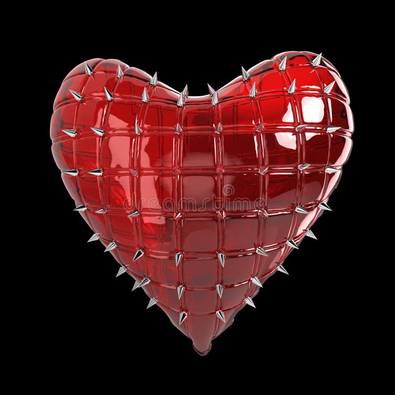 quilted heart with silver, kinky style metal, steel spikes on surface, isolated on black background 3d rendering. BDSM style valentine. quilted heart with silver, kinky style metal, steel spikes on surface, isolated on black background 3d rendering. BDSM style valentine.