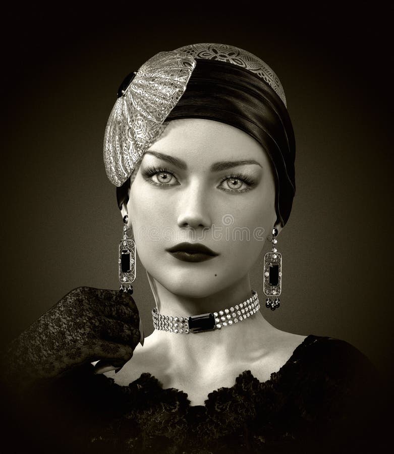 3d computer graphics of a portrait of a young lady with elegant head cover and jewelry in retro style. 3d computer graphics of a portrait of a young lady with elegant head cover and jewelry in retro style