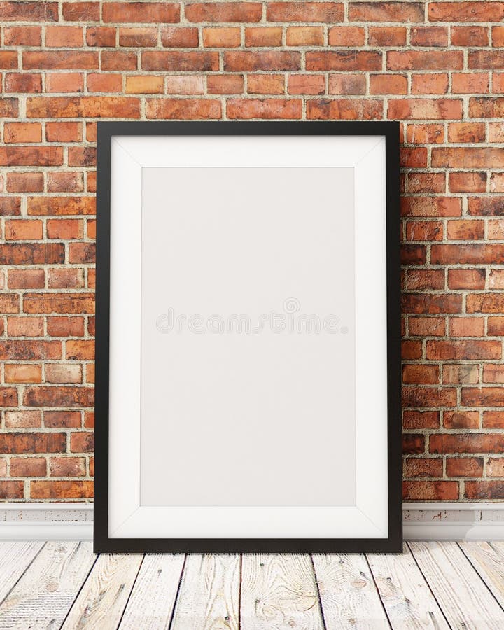 Blank black picture frame on the old brick wall and the wooden floor, background, template design. Blank black picture frame on the old brick wall and the wooden floor, background, template design