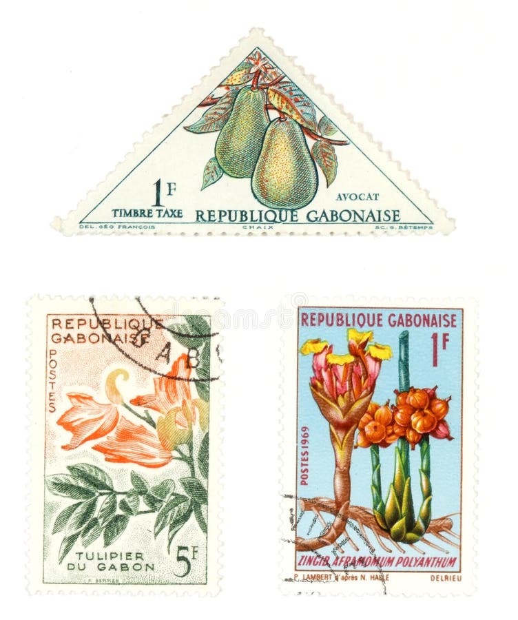 Obsolete postage stamps from Gabon (Africa). Old collectible items - leisure and hobby collection. These post stamps show fruit, flowers and flora. Obsolete postage stamps from Gabon (Africa). Old collectible items - leisure and hobby collection. These post stamps show fruit, flowers and flora.