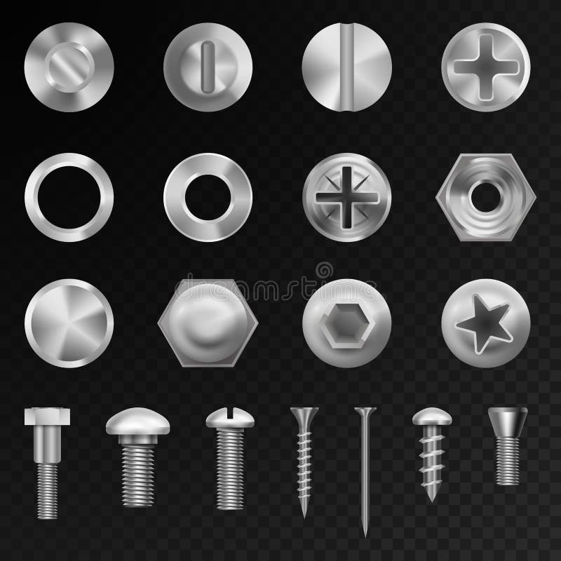 set vector steel bolts nuts and metal rivet screwing chrome head bolts construction elements illustration. set vector steel bolts nuts and metal rivet screwing chrome head bolts construction elements illustration.