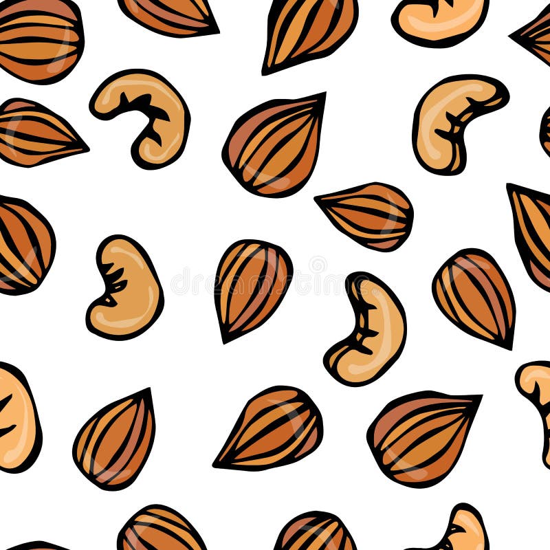 Гайки миндалины и анакардии безшовные Реалистической Doodle вектора изолированные иллюстрацией или эскиз стиля шаржа нарисованные иллюстрация штока Гайки миндалины и анакардии безшовные Реалистической Doodle вектора изолированные иллюстрацией или эскиз стиля шаржа нарисованные иллюстрация штока