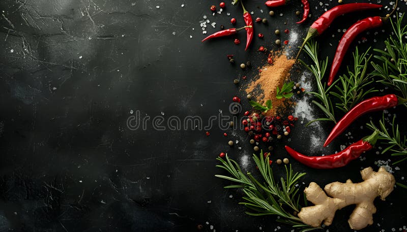 Гастрономия приготовления. Секреты вкусных блюд. Приправы и специи. Розмариный имбирный перец чили на черном стоковое изображение