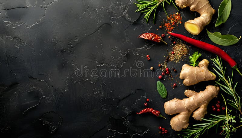 Гастрономия приготовления. Секреты вкусных блюд. Приправы и специи. Розмариный имбирный перец чили на черном стоковые фотографии rf