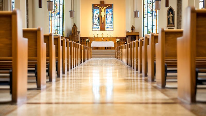 Генеративный AI интерьер красивой церкви с Altar и Rows of Wooden скамейки бизнес-концепции. иллюстрация вектора