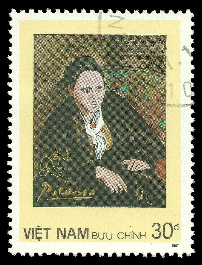 Vietnam - stamp 1987: Color edition on Art, shows Painting Gertrude Stein by Pablo Picasso. Vietnam - stamp 1987: Color edition on Art, shows Painting Gertrude Stein by Pablo Picasso