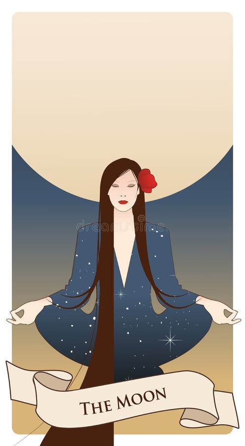 Главные карты Tarot Arcana Луна… в пасмурной ноче Красивая девушка размышляя в положении и полнолунии лотоса на заднем плане иллюстрация штока Главные карты Tarot Arcana Луна… в пасмурной ноче Красивая девушка размышляя в положении и полнолунии лотоса на заднем плане иллюстрация штока