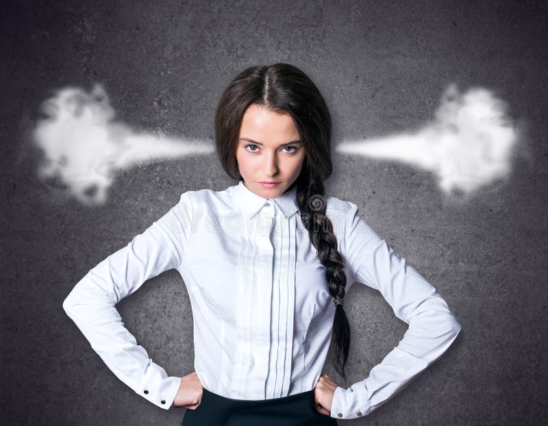 Mad young female with steam coming out of ears on textured concrete background. Anger issues concept. Mad young female with steam coming out of ears on textured concrete background. Anger issues concept