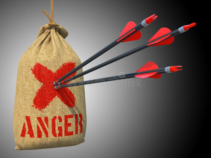 Anger -Three Arrows Hit in Red Mark Target on a Hanging Sack on Grey Background. Anger -Three Arrows Hit in Red Mark Target on a Hanging Sack on Grey Background.