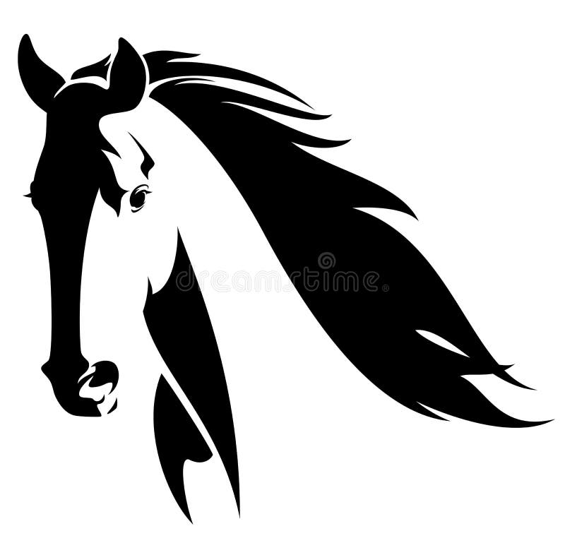 Horse head with flying mane black and white vector design. Horse head with flying mane black and white vector design