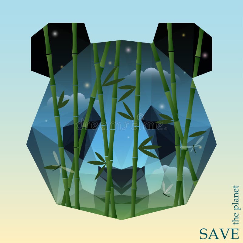 Conceptual illustration on the theme of protection of nature and animals with bamboo on the night sky background in silhouette of panda head for use in design for card, invitation, poster or placard. Conceptual illustration on the theme of protection of nature and animals with bamboo on the night sky background in silhouette of panda head for use in design for card, invitation, poster or placard