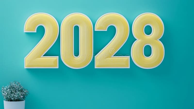 2028 год Большие желтые числа на блестящем тихом фоне трехмерная рендеринг новогодней концепции иллюстрация штока
