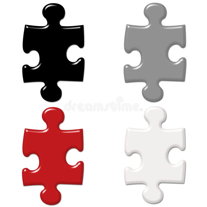 Set of 4 3D Puzzle Pieces in Contemporary colors of Black, Grey, Red, and White, isolated on white symbolizing Autism Awareness or, in a Business environment, the development of a solution through Teamwork. Set of 4 3D Puzzle Pieces in Contemporary colors of Black, Grey, Red, and White, isolated on white symbolizing Autism Awareness or, in a Business environment, the development of a solution through Teamwork.