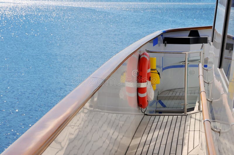 Deck of the yacht with safety equipment. Deck of the yacht with safety equipment