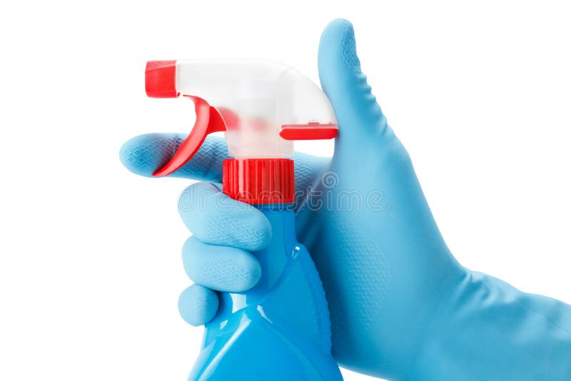 голубой брызг руки чистки бутылки gloved стоковая фотография rf голубой брызг руки чистки бутылки gloved стоковая фотография rf