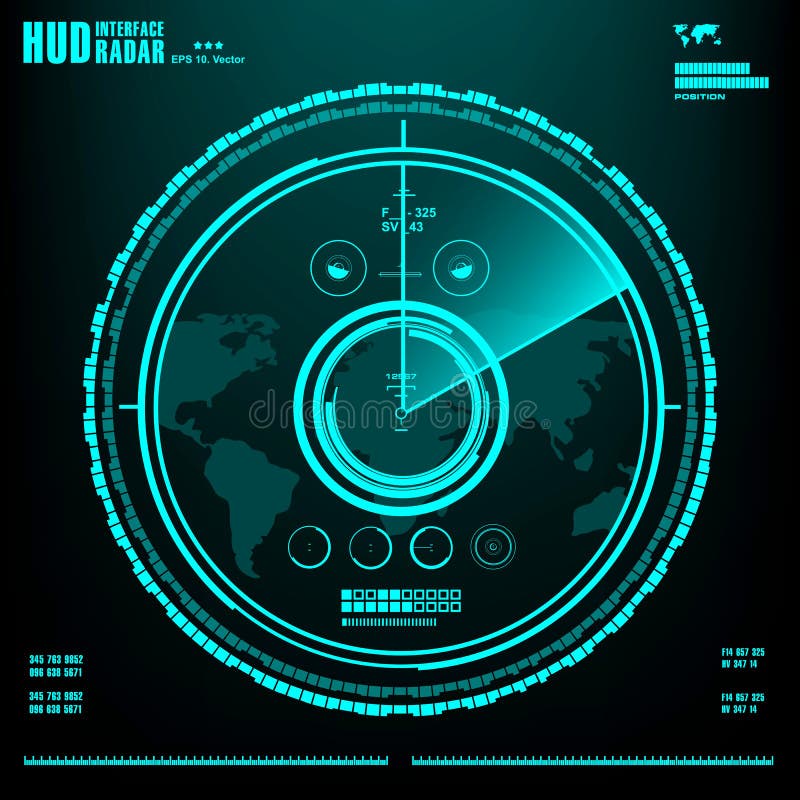 Голубой экран радара на черной предпосылке, интерфейсе HUD иллюстрация вектора