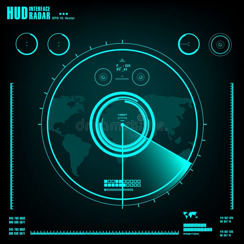 Голубой экран радара на черной предпосылке, интерфейсе HUD бесплатная иллюстрация