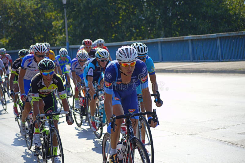 The Peloton racing at the first International Cycling Tour of Bulgarian Black Sea Coast. Around 110 cyclists from 14 countries took part in the event. On the photo-breakaway group of bikers on Varna city streets. The Peloton racing at the first International Cycling Tour of Bulgarian Black Sea Coast. Around 110 cyclists from 14 countries took part in the event. On the photo-breakaway group of bikers on Varna city streets