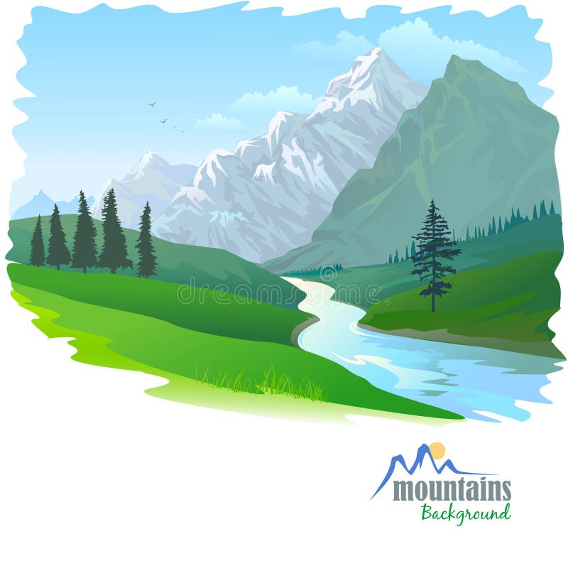 Snow Mountain and River among tall pine trees. Snow Mountain and River among tall pine trees