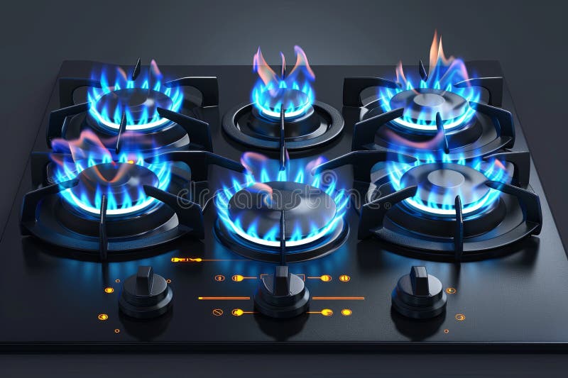 Горелка газовой плиты на кухне с голубым пламенем свидетельствует о росте стоимости газа во время экономического кризиса стоковая фотография