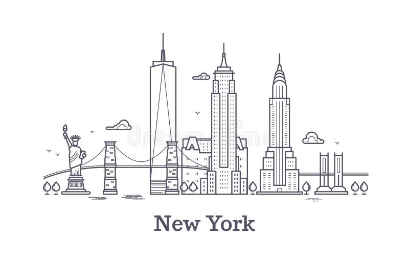 Горизонт плана Нью-Йорка, линия силуэт nyc, турист США и перемещение vector концепция иллюстрация вектора