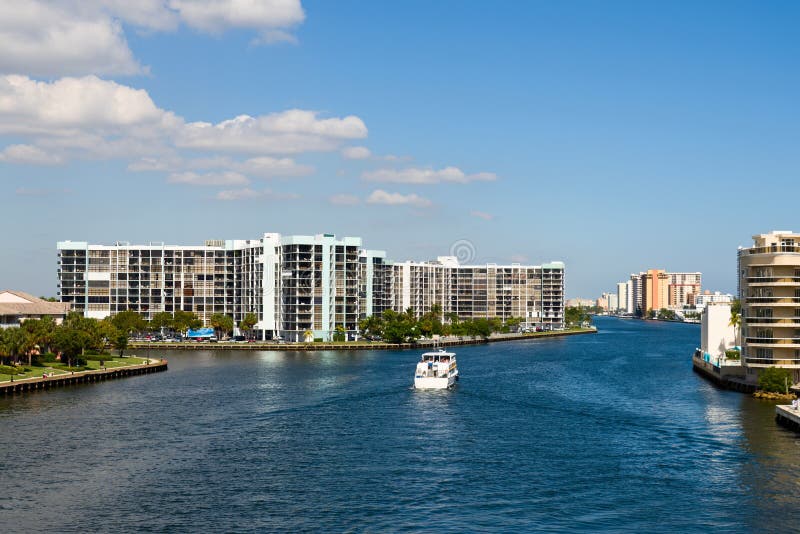 Skyline with a boat and modern buildings in Hollywood Beach, Florida. Skyline with a boat and modern buildings in Hollywood Beach, Florida