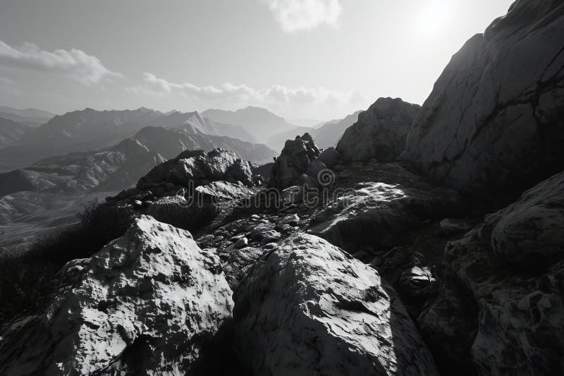горный пейзаж с камнями черно-белая фотография иллюстрация штока