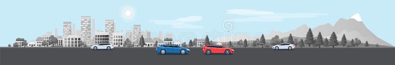 Городская дорога улицы панорамы ландшафта с автомобилями и природой b города иллюстрация штока Городская дорога улицы панорамы ландшафта с автомобилями и природой b города иллюстрация штока