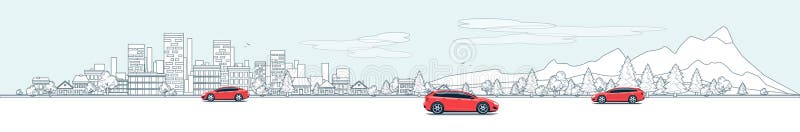 Flat vector outline style illustration of urban landscape street with cars, skyline city office buildings, family houses in small town and mountain with green trees in background. Traffic on the road. Wide horizontal panorama. Flat vector outline style illustration of urban landscape street with cars, skyline city office buildings, family houses in small town and mountain with green trees in background. Traffic on the road. Wide horizontal panorama.