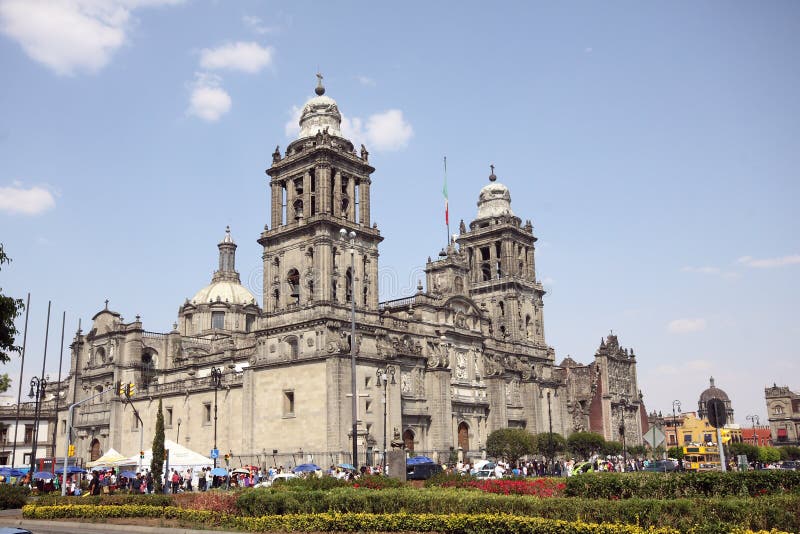 Cathedral in Mexico City seen from the sidewalk. Cathedral in Mexico City seen from the sidewalk