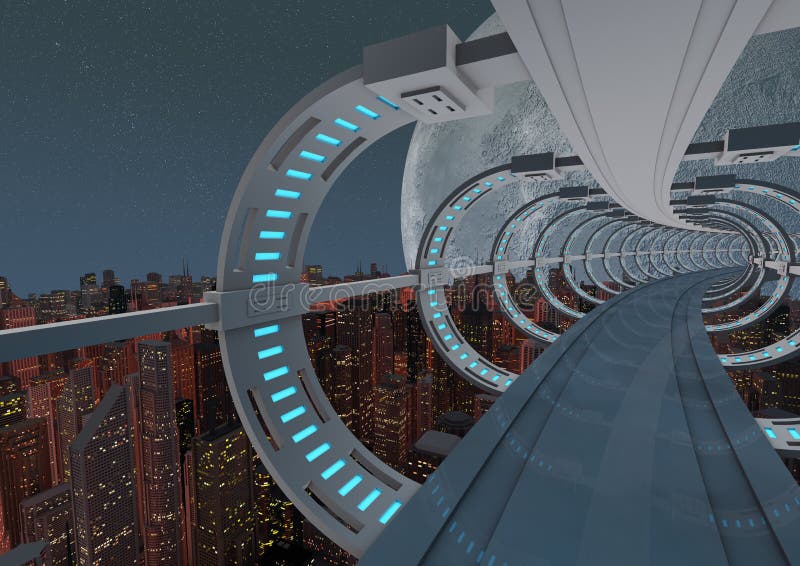 Render of an abstract futuristic bridge over a modern city. Render of an abstract futuristic bridge over a modern city