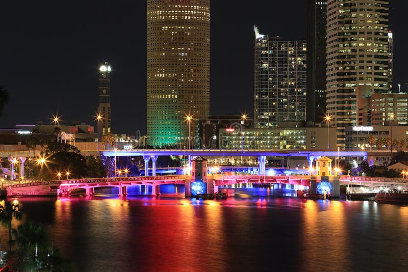 Downtown Tampa, Florida with Pratt street bridge lit pink and purple. Downtown Tampa, Florida with Pratt street bridge lit pink and purple