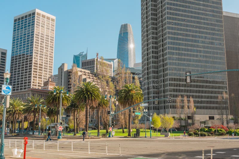 San Francisco, California, April 8, 2024. Urban street scene at The Embarcadero with cyclists and pedestrians, flanked by high-rise buildings and palm trees. San Francisco, California, April 8, 2024. Urban street scene at The Embarcadero with cyclists and pedestrians, flanked by high-rise buildings and palm trees