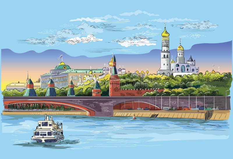 Cityscape of embankment of Kremlin towers and bridge across Moscow river Red Square, Moscow, Russia Colorful isolated vector hand drawing illustration. Cityscape of embankment of Kremlin towers and bridge across Moscow river Red Square, Moscow, Russia Colorful isolated vector hand drawing illustration