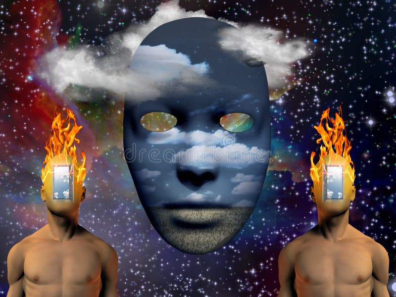 Surreal painting. Mask with image of clouds and field. Burning man`s head with open door to another world instead of face. Human elements were created with 3D software and are not from any actual human likenesses. Surreal painting. Mask with image of clouds and field. Burning man`s head with open door to another world instead of face. Human elements were created with 3D software and are not from any actual human likenesses.