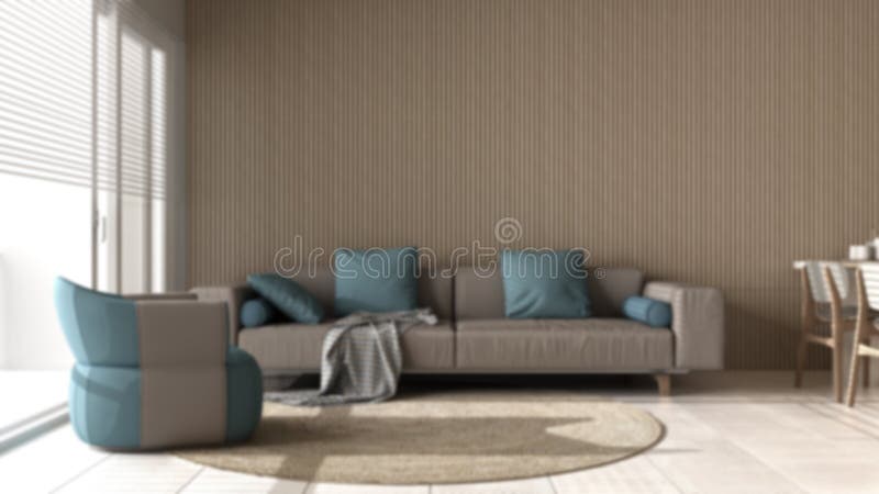 Blur background interior design, modern living room with wooden wall details, sofa with pillows, armchair, carpet, dining table, chairs, appliances. Marble floor, interior design. Blur background interior design, modern living room with wooden wall details, sofa with pillows, armchair, carpet, dining table, chairs, appliances. Marble floor, interior design