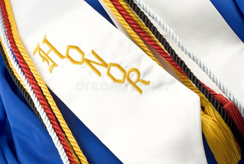 A blue graduation gown with cords and the word Honors, horizontal full frame. A blue graduation gown with cords and the word Honors, horizontal full frame