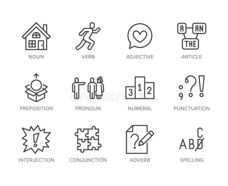 Grammar, education flat line icons set. Parts of speech verb, preposition, pronoun, adjective, interjection vector illustrations. Thin signs for english learning. Pixel perfect 64x64 Editable Strokes. Grammar, education flat line icons set. Parts of speech verb, preposition, pronoun, adjective, interjection vector illustrations. Thin signs for english learning. Pixel perfect 64x64 Editable Strokes.