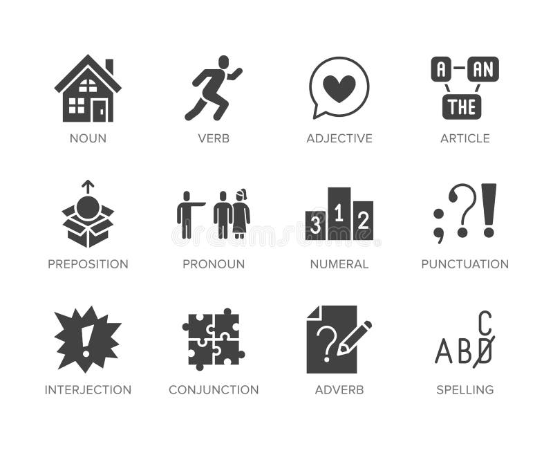 Grammar, education flat glyph icons set. Parts of speech verb, preposition, pronoun, adjective, interjection vector illustrations. Signs for english learning. Solid silhouette pixel perfect 64x64. Grammar, education flat glyph icons set. Parts of speech verb, preposition, pronoun, adjective, interjection vector illustrations. Signs for english learning. Solid silhouette pixel perfect 64x64.